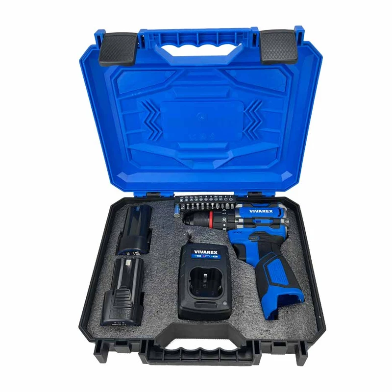 دریل شارژی چکشی براشلس ویوارکس ۱۶ ولت مدل VR1610V-21BL داخل کیف حمل.